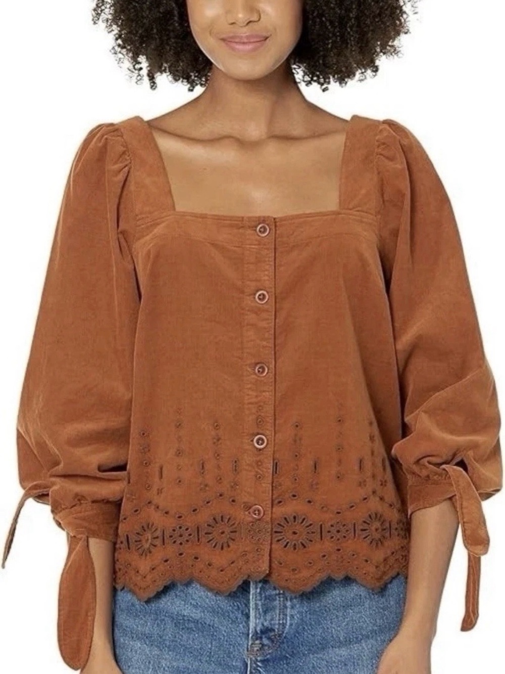 Madewell Embroidered Eyelet Corduroy Tie Sleeve Top Women XXS Brown Boho